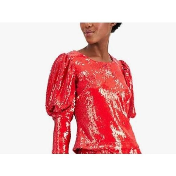 INC Women's Blouse Real Sequin Puff-Sleeve Top Back-Zip Red , PS, NWOT - Picture 1 of 3
